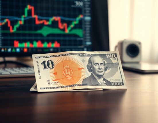 Japanese yen and US dollar banknotes on a desk with a forex chart in the background