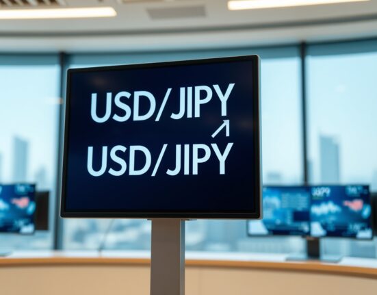 USD/JPY exchange rate displayed on a financial trading screen, showing consolidation near resistance.