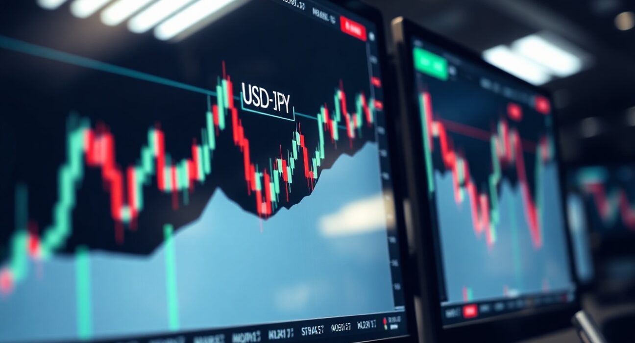 Financial monitor showing USD/JPY chart with tight consolidation range