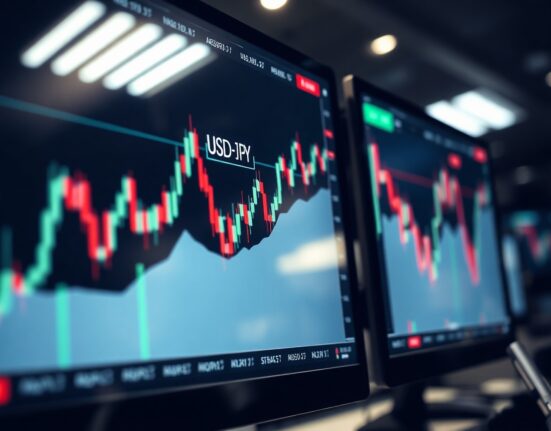 Financial monitor showing USD/JPY chart with tight consolidation range