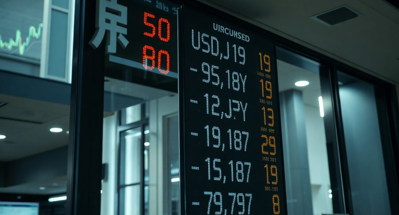 Digital currency exchange board showing USD/JPY rates in a Tokyo financial district
