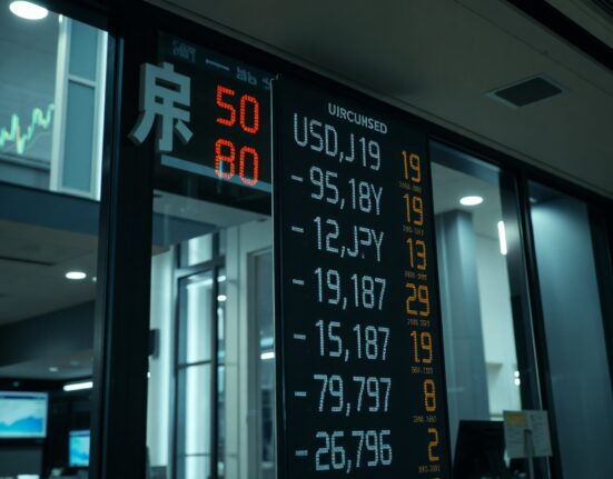 Digital currency exchange board showing USD/JPY rates in a Tokyo financial district