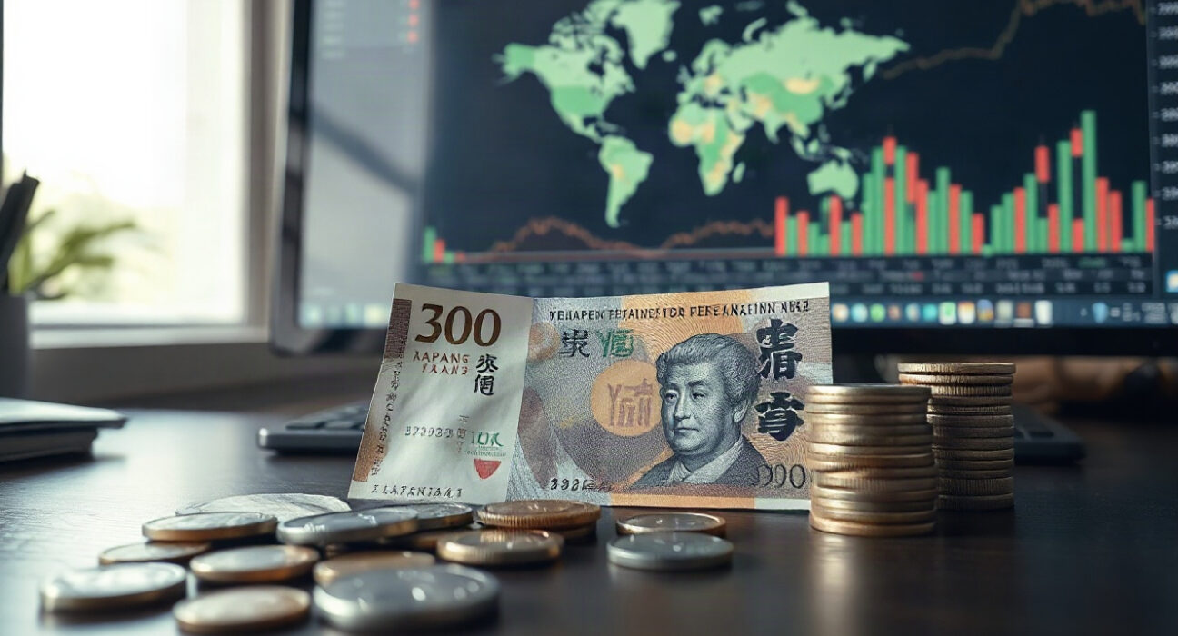 Japanese Yen banknotes and coins with financial charts in background, representing currency and debt concerns.