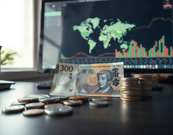 Japanese Yen banknotes and coins with financial charts in background, representing currency and debt concerns.
