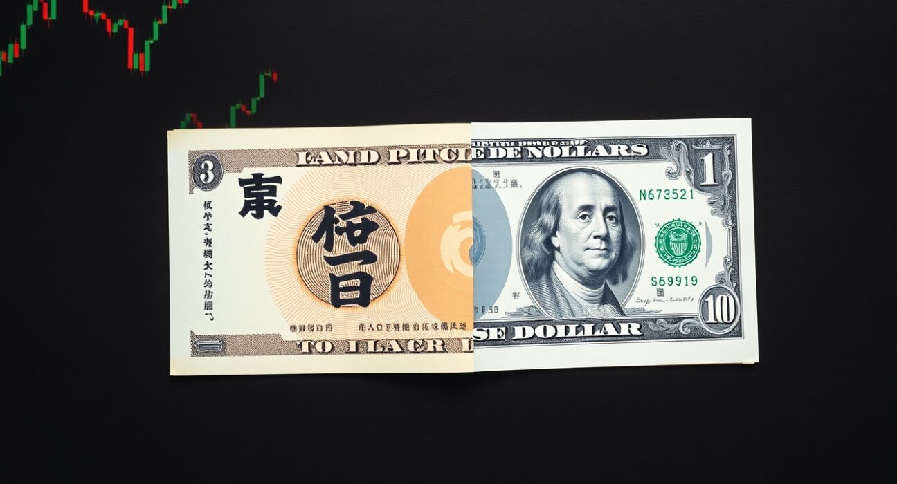 Japanese yen and US dollar banknotes on a dark surface with chart background