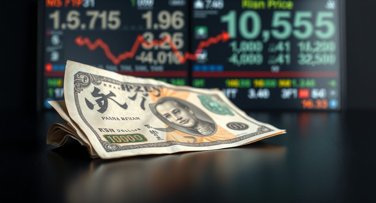 Japanese Yen banknotes with declining trend chart reflecting currency market pressure from oil