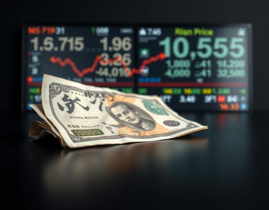 Japanese Yen banknotes with declining trend chart reflecting currency market pressure from oil prices.