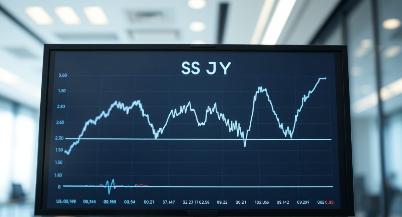 Digital trading screen showing USD/JPY exchange rate with downward trend for Yen