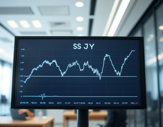 Digital trading screen showing USD/JPY exchange rate with downward trend for Yen