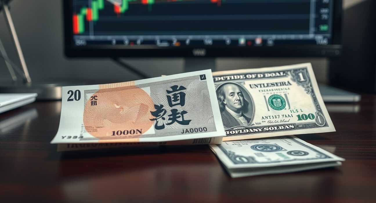 Japanese yen and US dollar banknotes on a desk with a forex chart in the background