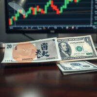 Japanese yen and US dollar banknotes on a desk with a forex chart in the background