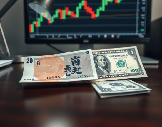 Japanese yen and US dollar banknotes on a desk with a forex chart in the background
