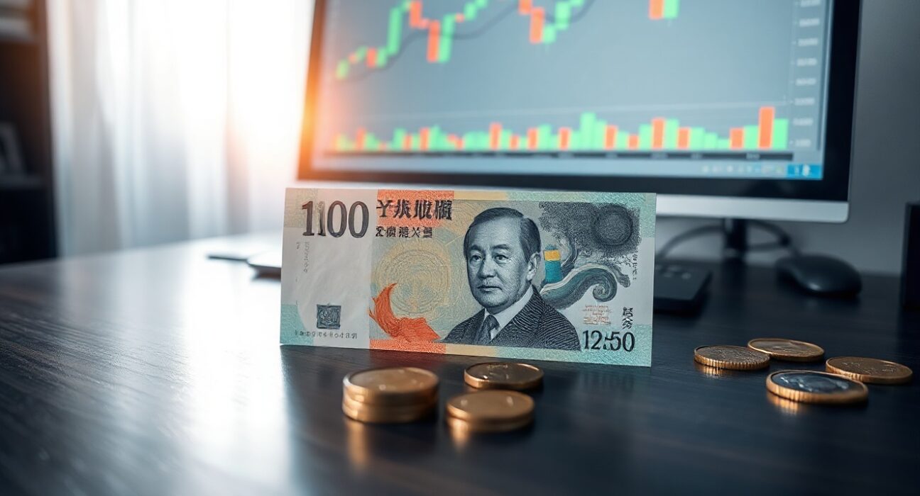 Japanese yen banknotes and coins on a desk with a blurred forex chart in background