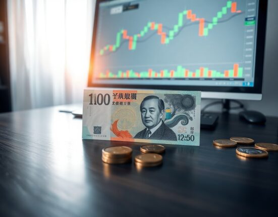 Japanese yen banknotes and coins on a desk with a blurred forex chart in background