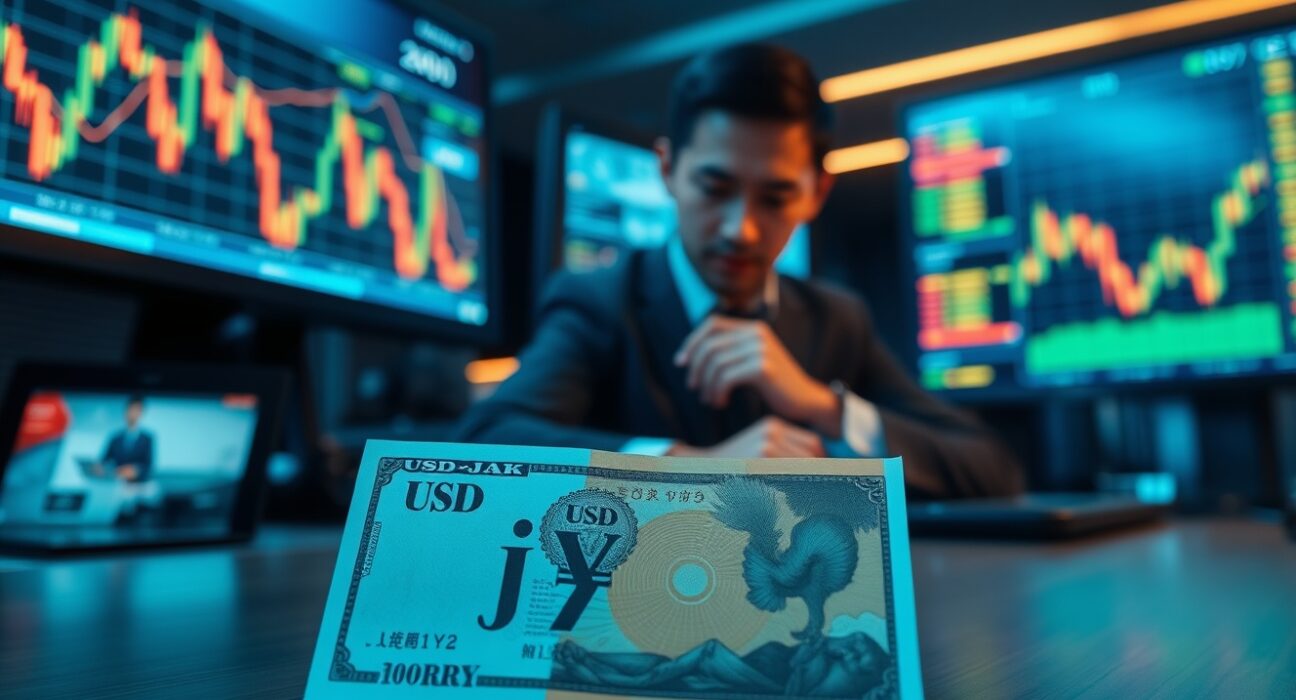 Forex trading desk monitors showing USD/JPY charts with Japanese Yen banknotes