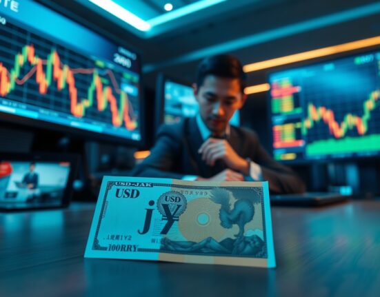 Forex trading desk monitors showing USD/JPY charts with Japanese Yen banknotes