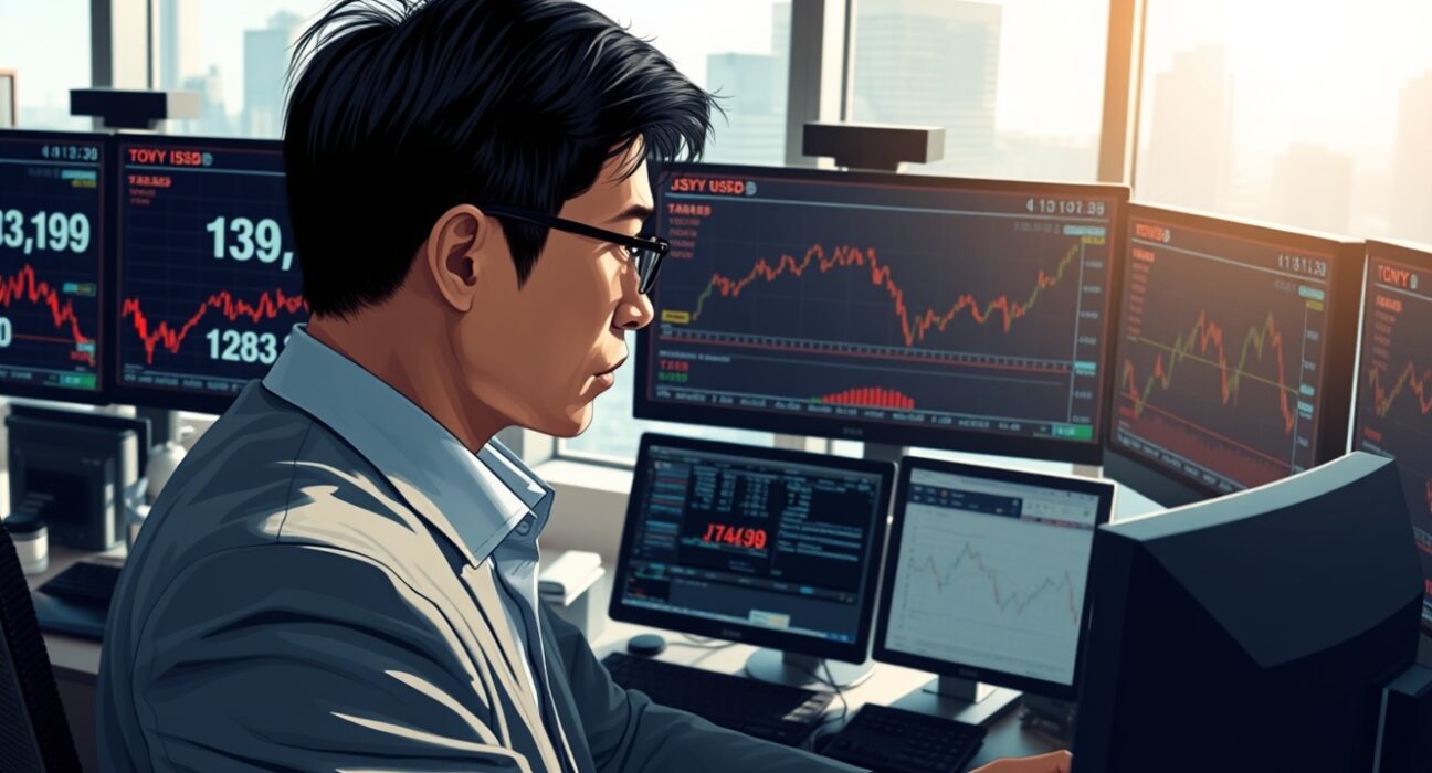 Tokyo forex trader analyzing Japanese Yen to US Dollar exchange rate movements following US-Iran ceasefire news