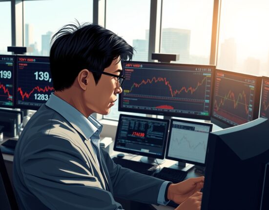 Tokyo forex trader analyzing Japanese Yen to US Dollar exchange rate movements following US-Iran ceasefire news