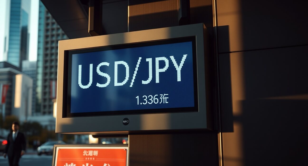Digital exchange board showing USD/JPY rate in Tokyo financial district