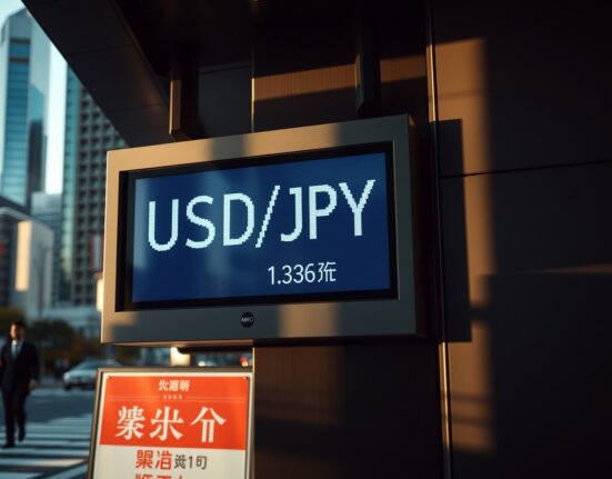 Digital exchange board showing USD/JPY rate in Tokyo financial district