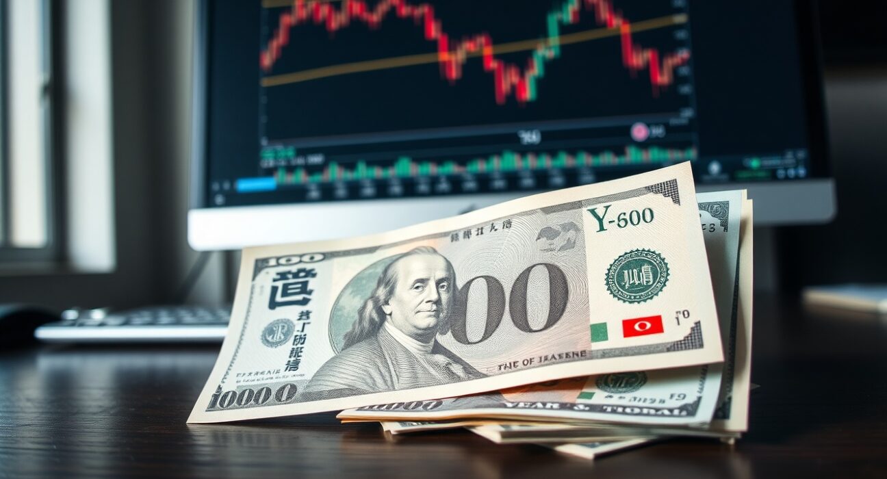 Japanese Yen and US dollar banknotes on a desk with a forex trading chart in the background.