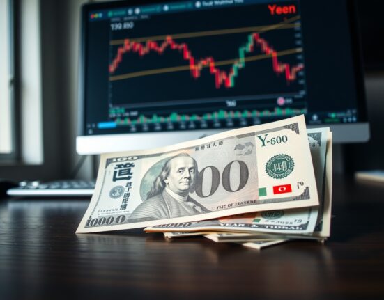 Japanese Yen and US dollar banknotes on a desk with a forex trading chart in the background.