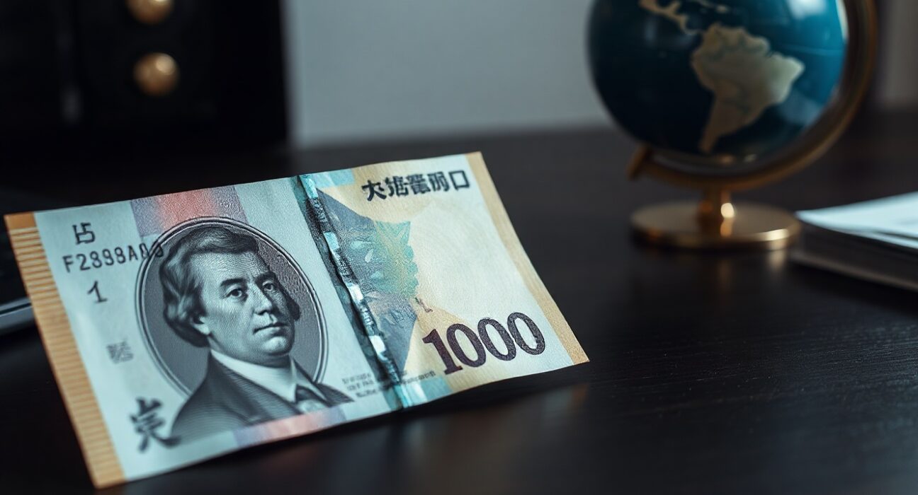 Japanese yen banknote overlapping US dollar bill on a desk, representing forex market analysis.