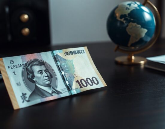 Japanese yen banknote overlapping US dollar bill on a desk, representing forex market analysis.