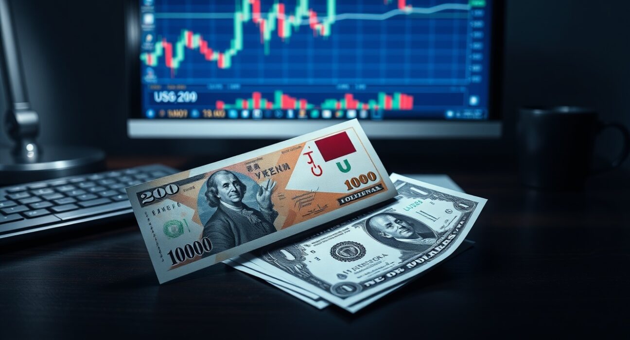Japanese Yen and US Dollar banknotes on a trader's desk with a USD/JPY chart on a monitor.