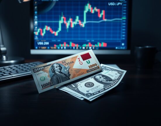 Japanese Yen and US Dollar banknotes on a trader's desk with a USD/JPY chart on a monitor.