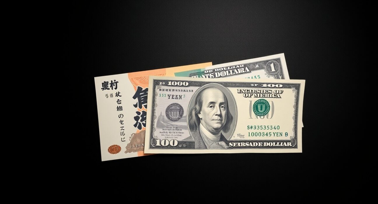 Japanese Yen and US Dollar banknotes on a desk representing currency exchange rate analysis.