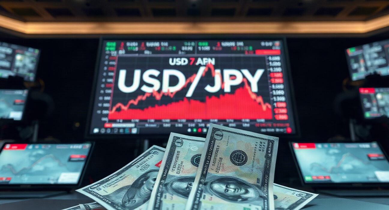 USD/JPY currency pair on a trading screen with yen and dollar banknotes