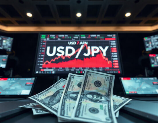 USD/JPY currency pair on a trading screen with yen and dollar banknotes