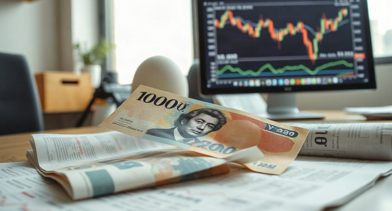 Japanese yen banknote and financial charts illustrating the currency's impact on Bank of Japan policy