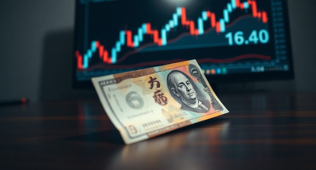 Japanese yen and US dollar banknotes on a desk with a blurred financial chart in the background