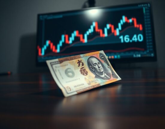 Japanese yen and US dollar banknotes on a desk with a blurred financial chart in the background