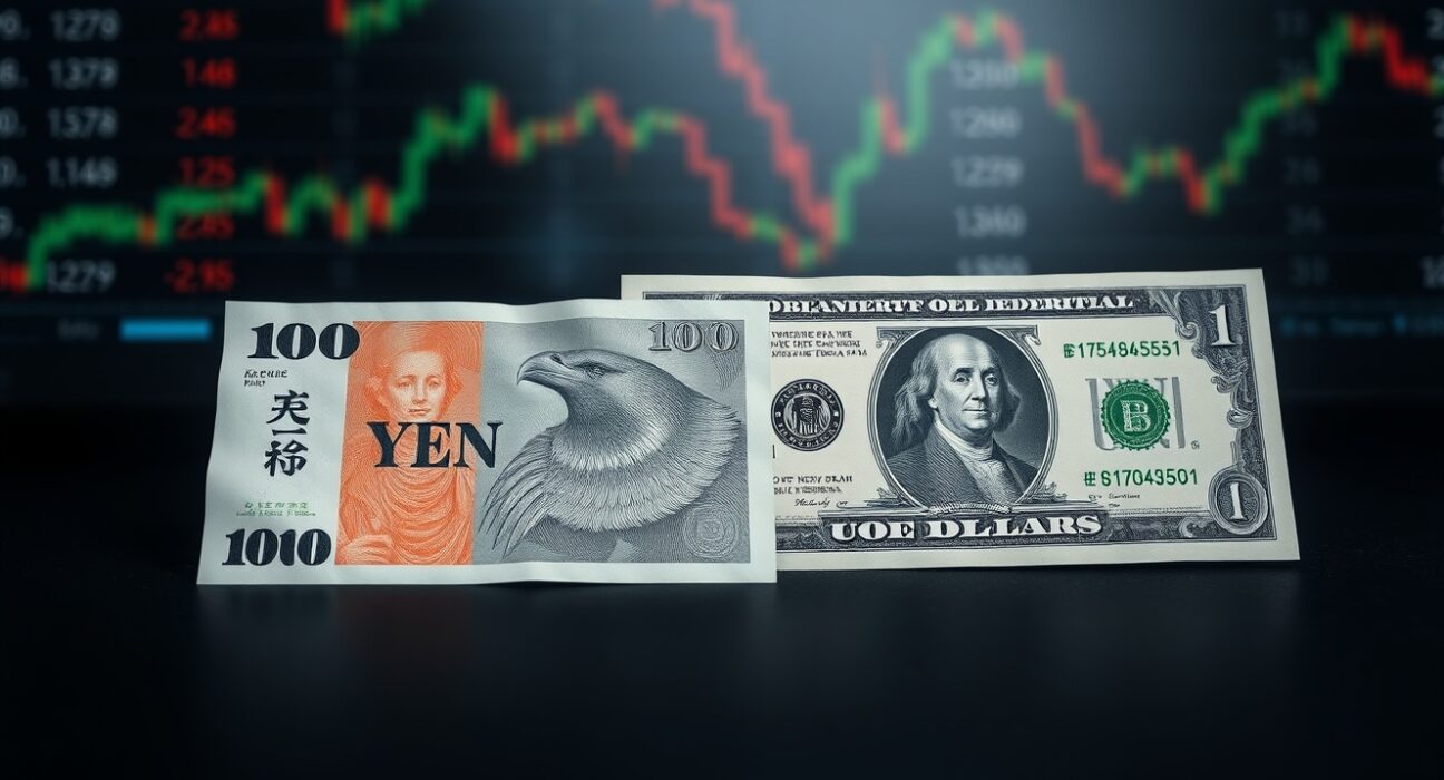 Japanese Yen and US Dollar banknotes on a desk representing forex market analysis