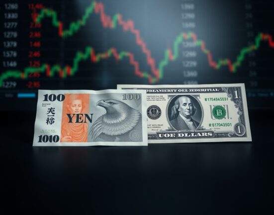 Japanese Yen and US Dollar banknotes on a desk representing forex market analysis