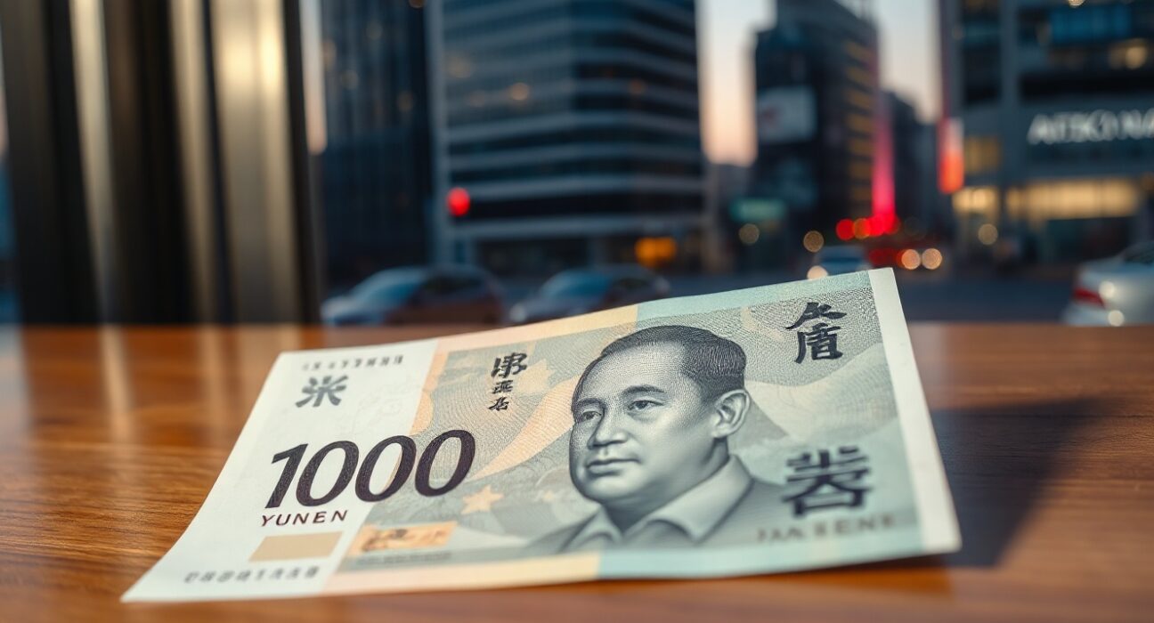 Close-up of a Japanese 10,000 yen banknote on a table with a blurred Tokyo financial district background.