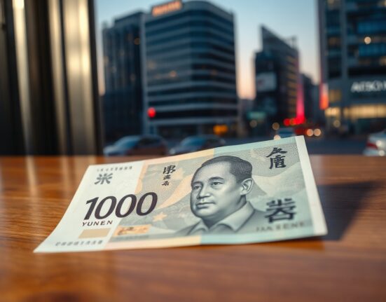 Close-up of a Japanese 10,000 yen banknote on a table with a blurred Tokyo financial district background.