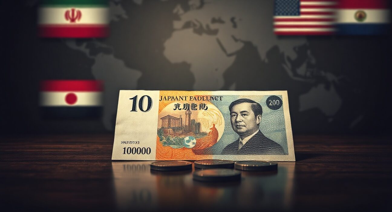 Japanese yen banknotes and coins on a desk with a world map and flags of Iran and the US in the background