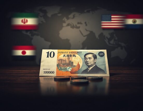 Japanese yen banknotes and coins on a desk with a world map and flags of Iran and the US in the background