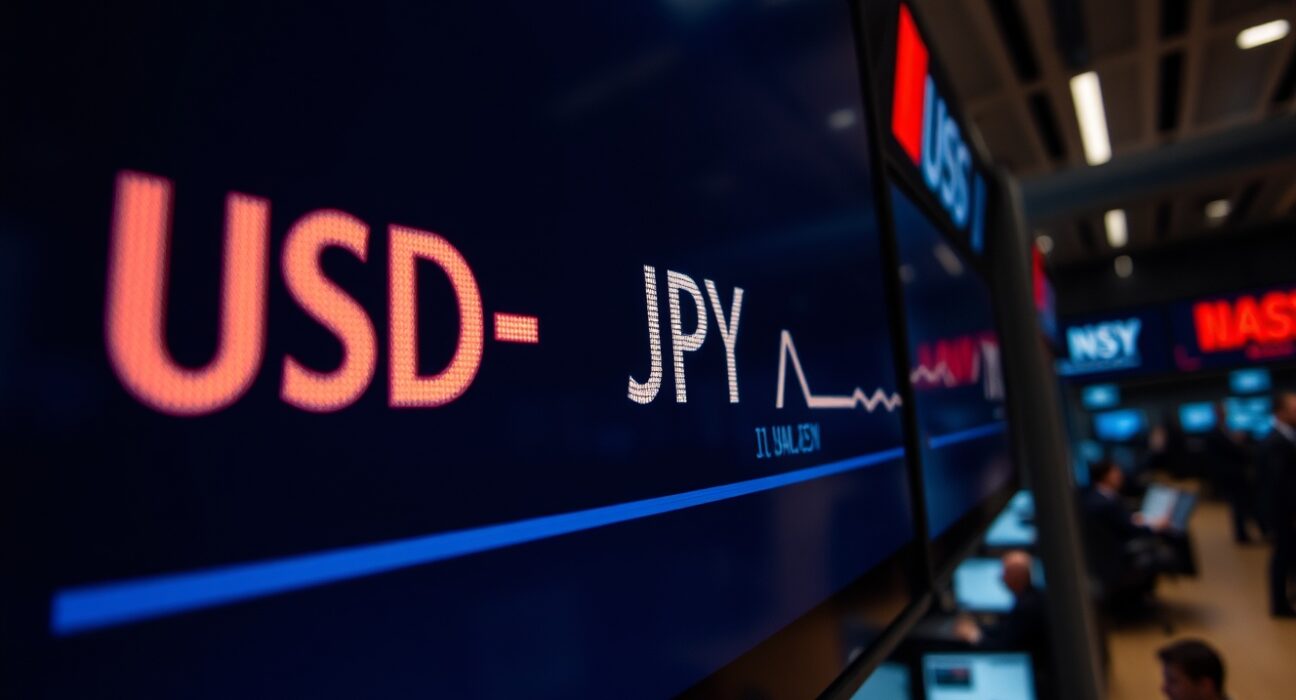 Digital trading screen showing USD/JPY exchange rate with downward trend, representing Japanese Yen movement and intervention risks.