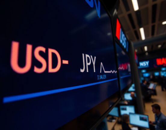 Digital trading screen showing USD/JPY exchange rate with downward trend, representing Japanese Yen movement and intervention risks.