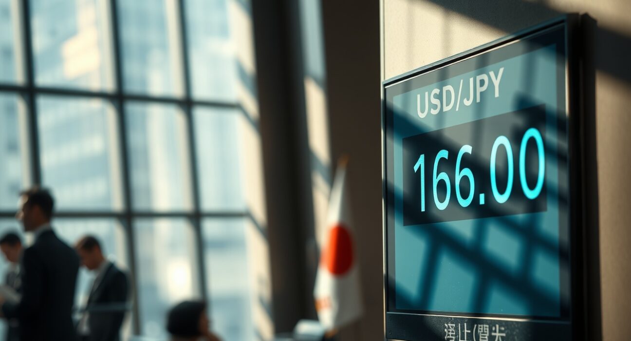 USD/JPY exchange rate board showing 162.00 in a Tokyo bank lobby