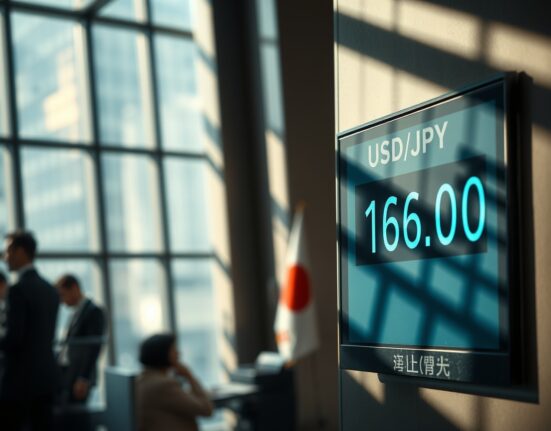 USD/JPY exchange rate board showing 162.00 in a Tokyo bank lobby