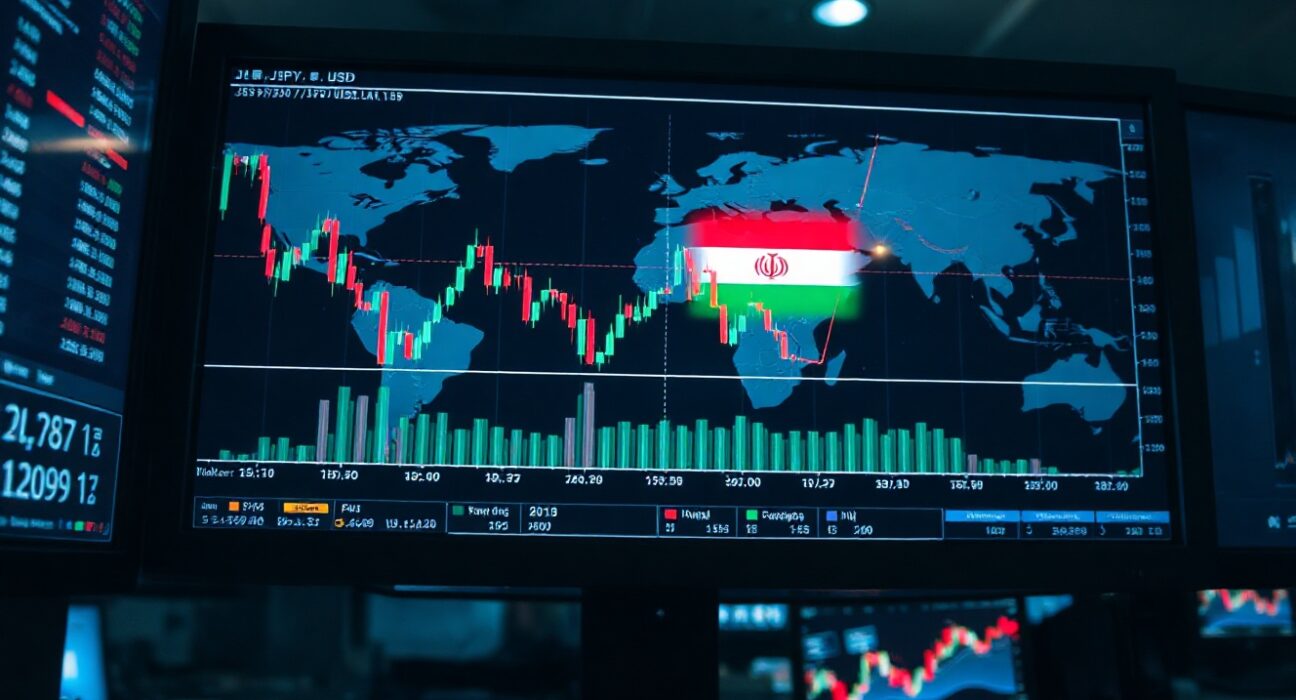 Forex trading monitor displaying Japanese Yen and US Dollar chart with geopolitical map in background