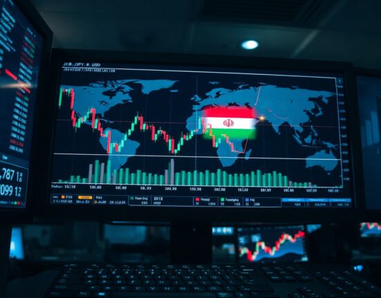 Forex trading monitor displaying Japanese Yen and US Dollar chart with geopolitical map in background