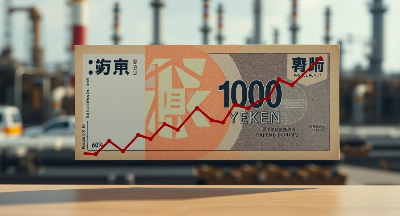 Japanese Yen banknote with energy price graph overlay representing currency pressure from rising fuel costs.
