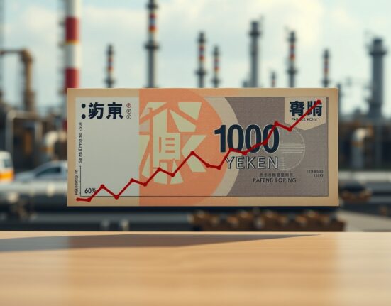 Japanese Yen banknote with energy price graph overlay representing currency pressure from rising fuel costs.